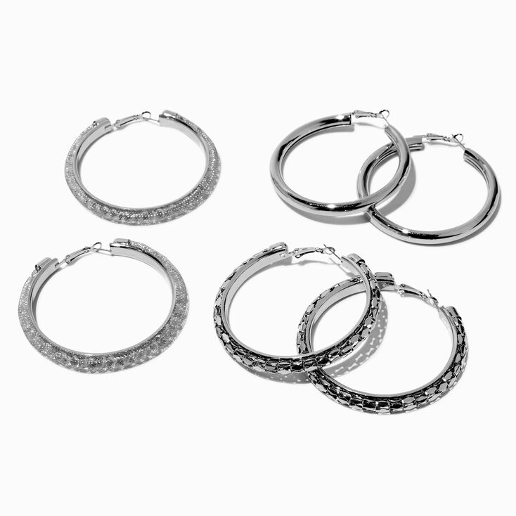 Silver-tone Rhinestone 60MM Hoop Earrings - 3 Pack,