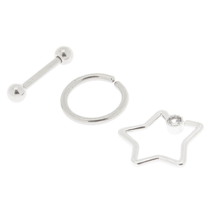 Silver 16G Mixed Shape Tragus Earrings - 3 Pack,