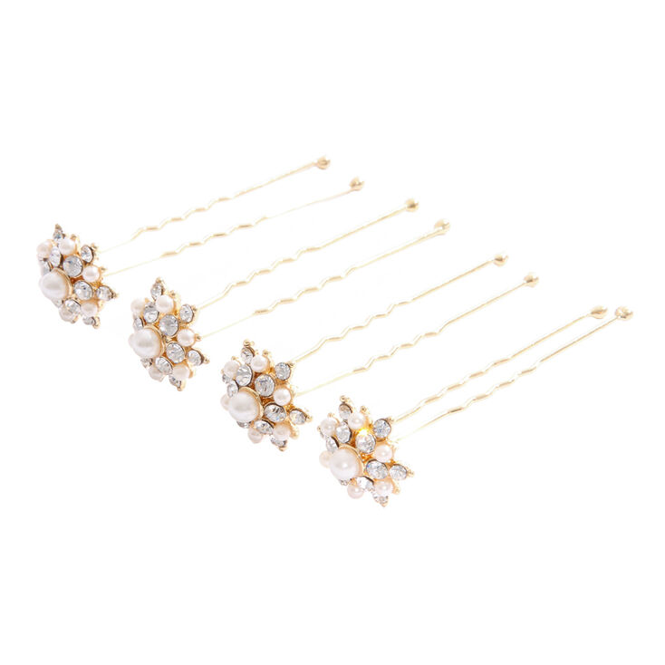 Golden Pearl & Crystal Flower Hair Pins,