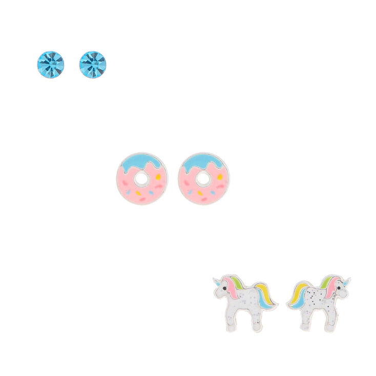 Sterling Silver Unicorn Donut Earrings - 3 Pack,