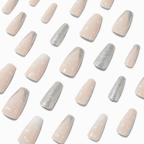 White Heart Glitter Squareletto Vegan Faux Nail Set - 24 Pack,