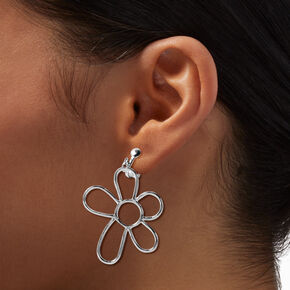 Silver-tone Daisy Outline 1.5&quot; Clip On Drop Earrings,