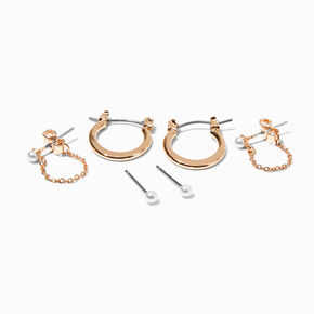 Gold-tone &amp; Pearl Earring Stackables Set - 3 Pack,