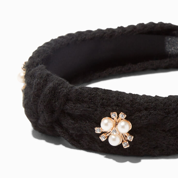 Black Sweater Embellished Knotted Knit Headband,