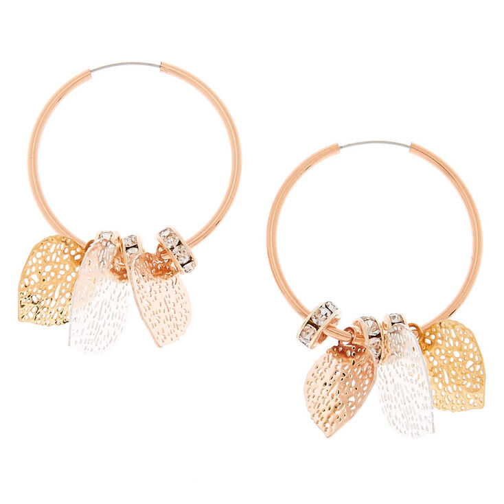 Rose Gold 25MM Filigree Leaf Hoop Earrings,
