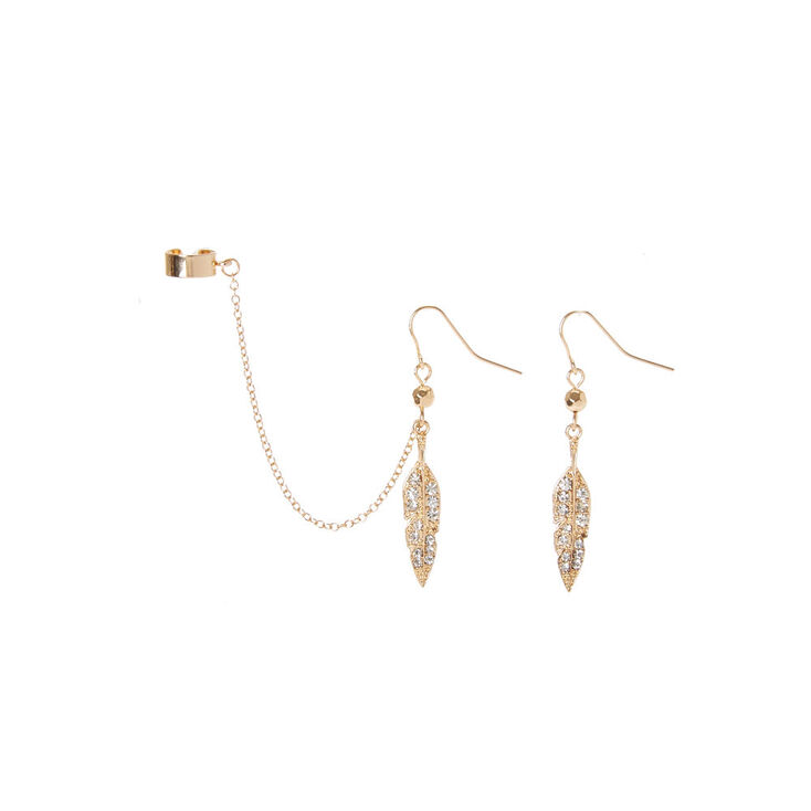 Gold Leaves Drop Earrings & Ear Cuff,