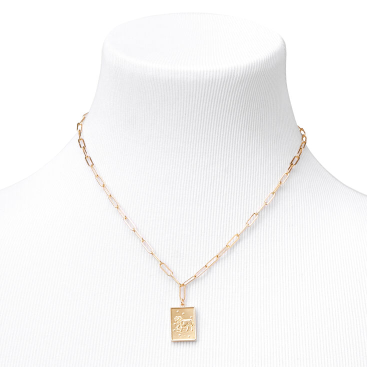 Gold Rectangle Zodiac Symbol Pendant Necklace - Aries,