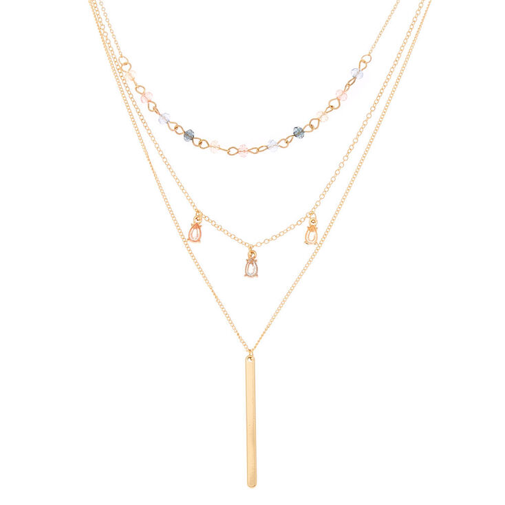 Gold Beaded Stone Multi Strand Choker Necklace,