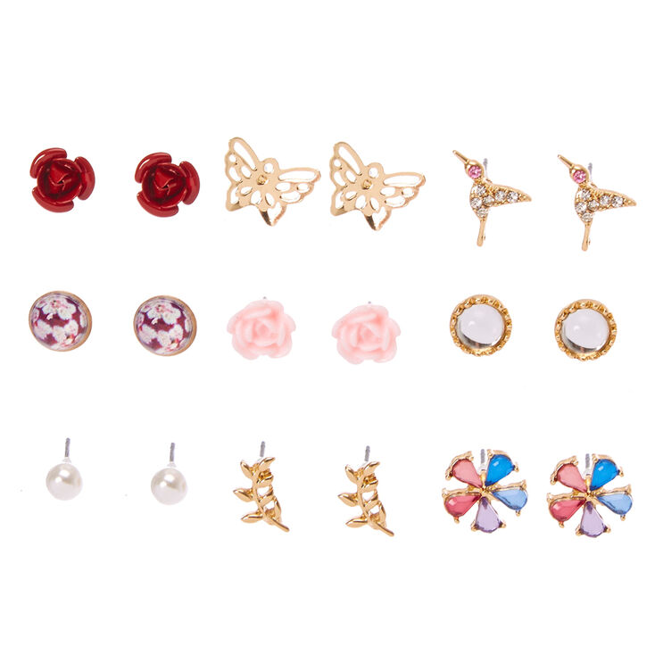 Gold Tone Butterfly Garden Motif Stud Earrings,