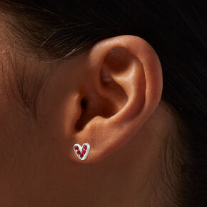 Silver-tone Red Crystal Heart Stud Earrings,