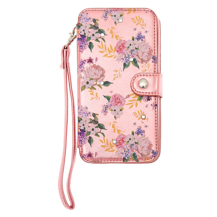 Metallic Pink Floral Folio Phone Case - Fits iPhone 6/7/8 Plus,