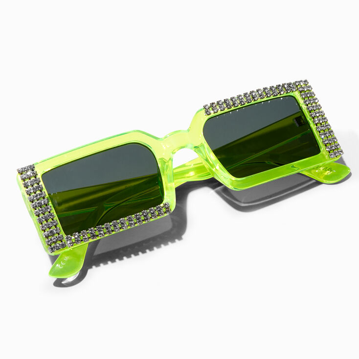 Embellished Neon Yellow Rectangular Sunglasses,