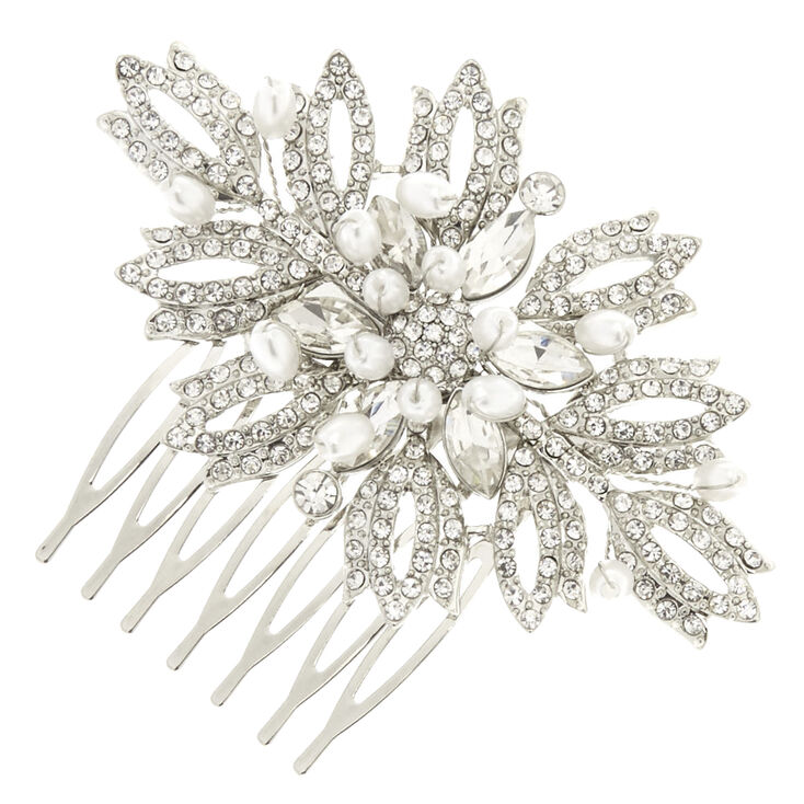 Silver Tone Faux Crystal Pearl Bead Cluster Leaves Hair Comb,
