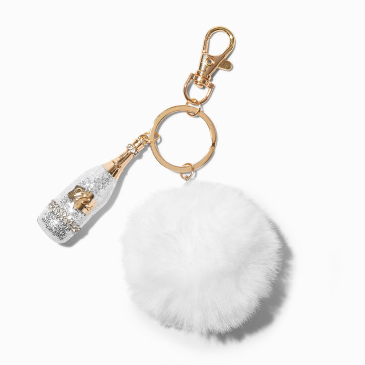 &quot;Mrs.&quot; Champagne Bottle Pom Pom Keychain,