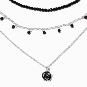 Silver-tone Rose Black Beaded Multi-Strand Necklace,