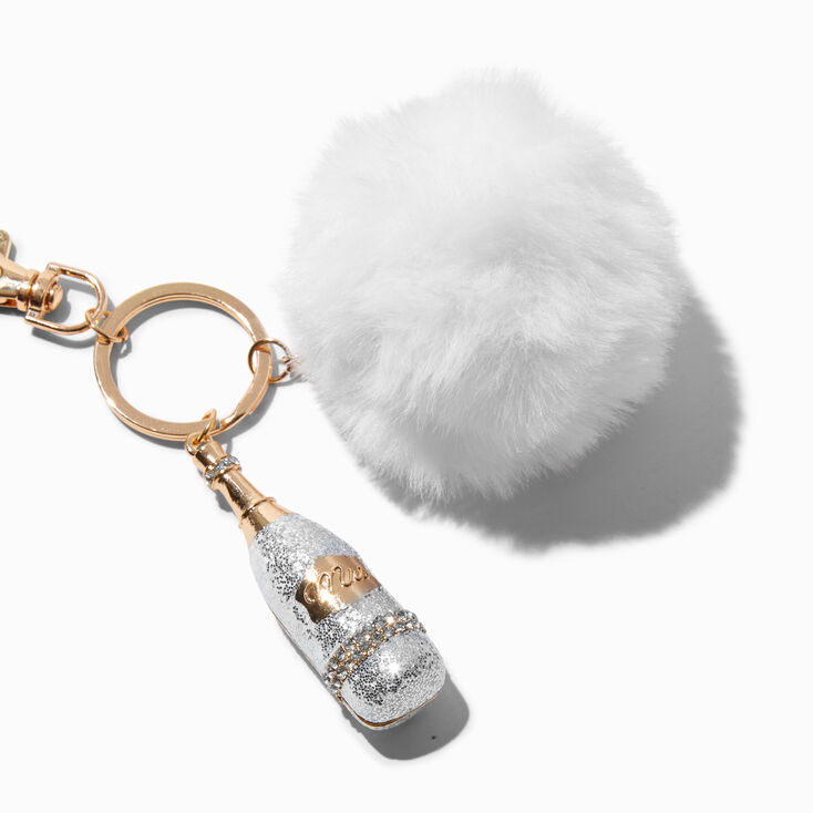 &quot;Mrs.&quot; Champagne Bottle Pom Pom Keychain,