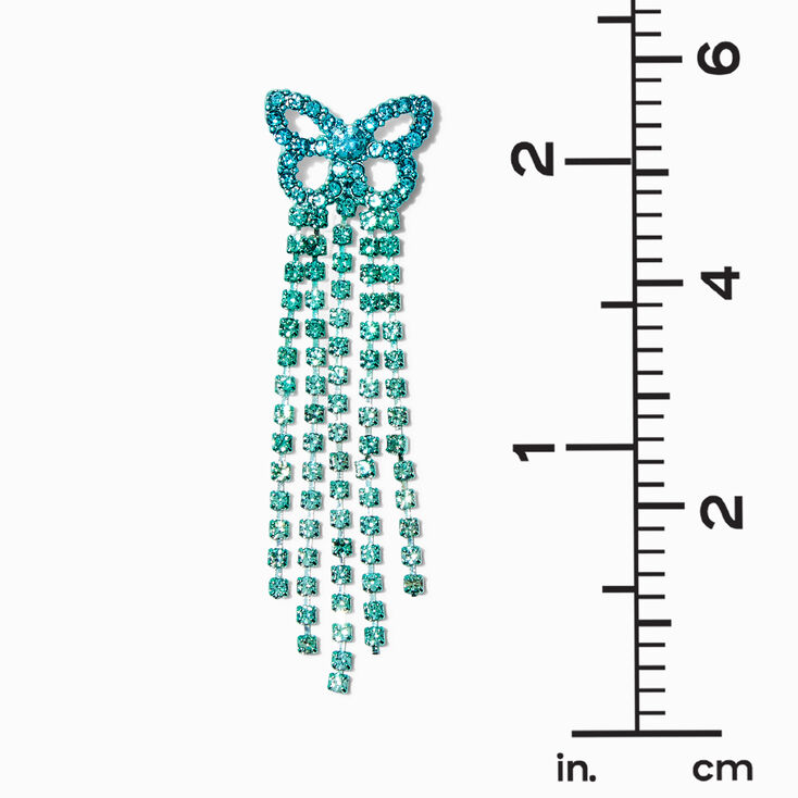 Blue &amp; Green Rhinestone Butterfly Fringe 2&quot; Drop Earrings,