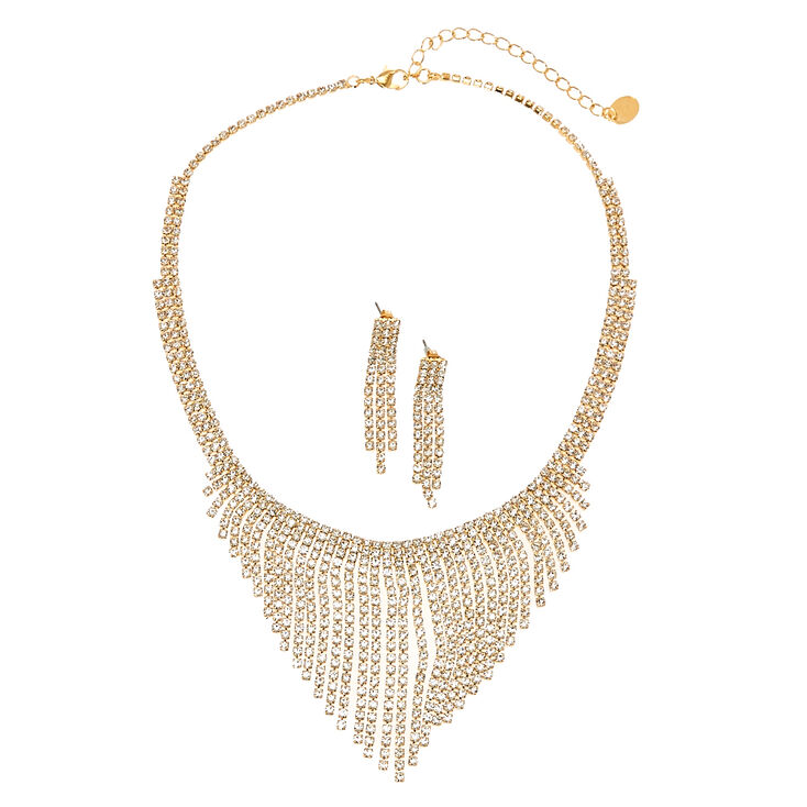 Gold Tone & Faux Crystal Fringe Earrings & Necklace Set,