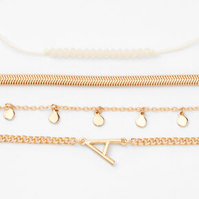 Gold Initial Beaded Chain Bracelets - 4 Pack, A,
