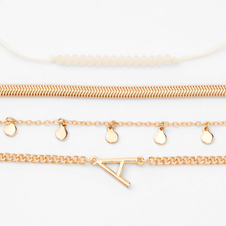 Gold Initial Beaded Chain Bracelets - 4 Pack, A,