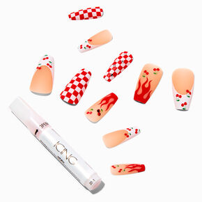 Checkered Cherry Flame Squareletto Vegan Faux Nail Set - 24 Pack,