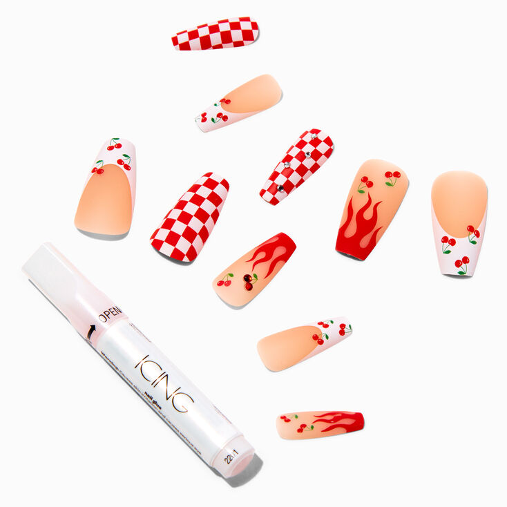Checkered Cherry Flame Squareletto Vegan Faux Nail Set - 24 Pack,