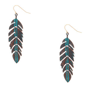 Gold 2.5&quot; Patina Feather Drop Earrings - Turquoise,
