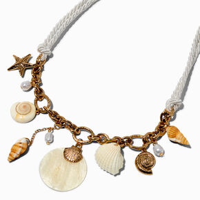 Gold-tone Seashells White Rope Charm Necklace ,