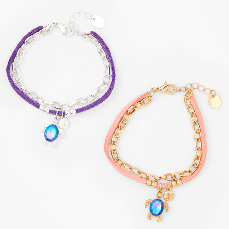 Mixed Metal Blue Turtle Multi Strand Chain Bracelet Set - 2 Pack,