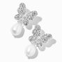 Silver 1&quot; Crystal Butterfly Pearl Teardrop Drop Earrings,