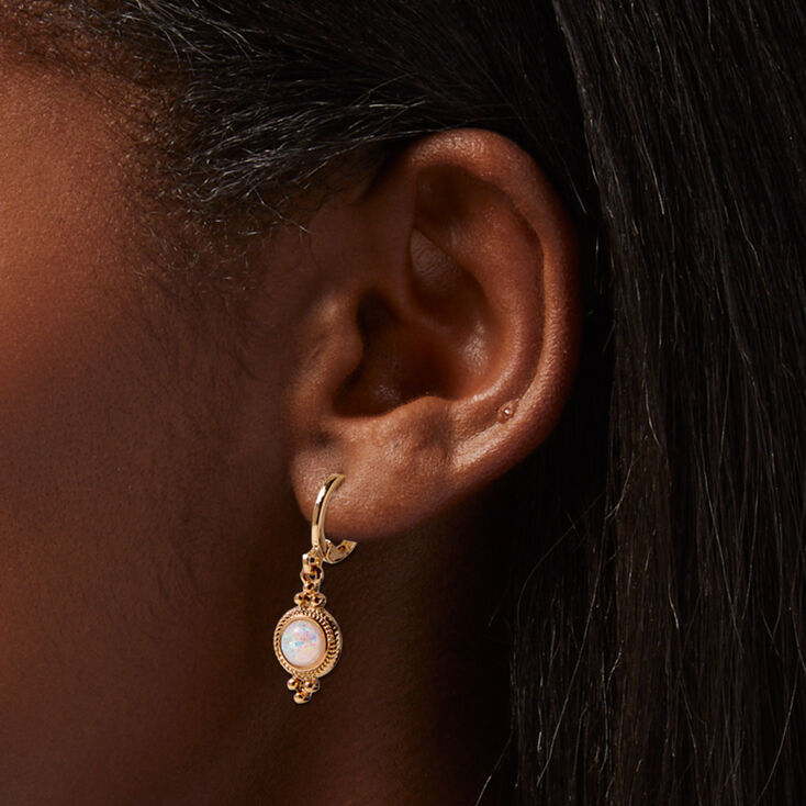 Gold Filigree Opal 10MM Huggie Hoop Earrings,