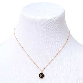 Gold Enamel Initial Pendant Necklace - Black, R,