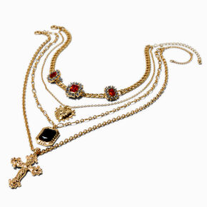 Gold-tone Cross Red &amp; Black Rhinestone Multi-Strand Choker Necklace ,
