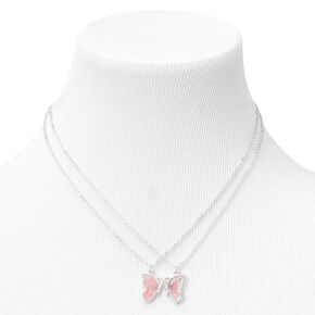 Best Friends Pink Floral Butterfly Silver Pendant Necklaces - 2 Pack,