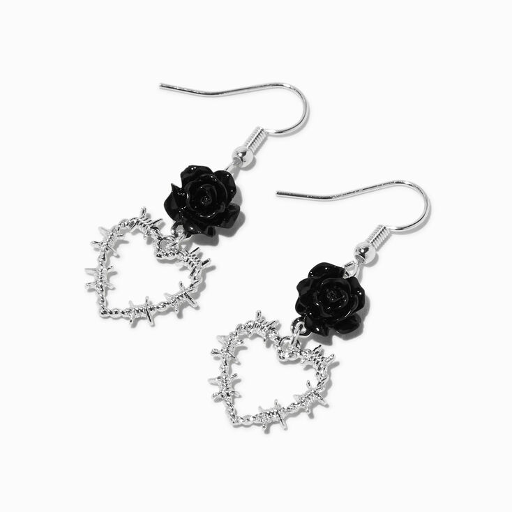 Black Rose Barbed Wire Heart 1&quot; Drop Earrings,