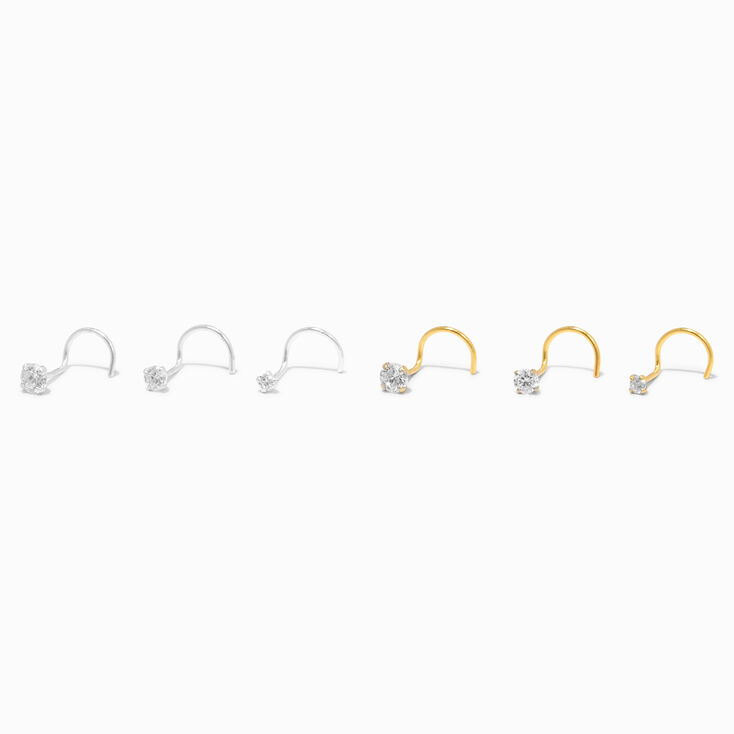 22G Mixed Metal Sterling Silver Graduated Cubic Zirconia Nose Studs - 6 Pack,