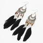 Silver 5&quot; Burnished Medallion Feather Drop Earrings - Black,