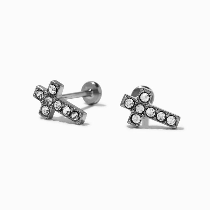 ICING Select Silver-tone Titanium Crystal Cross Flat Back Stud Earrings,