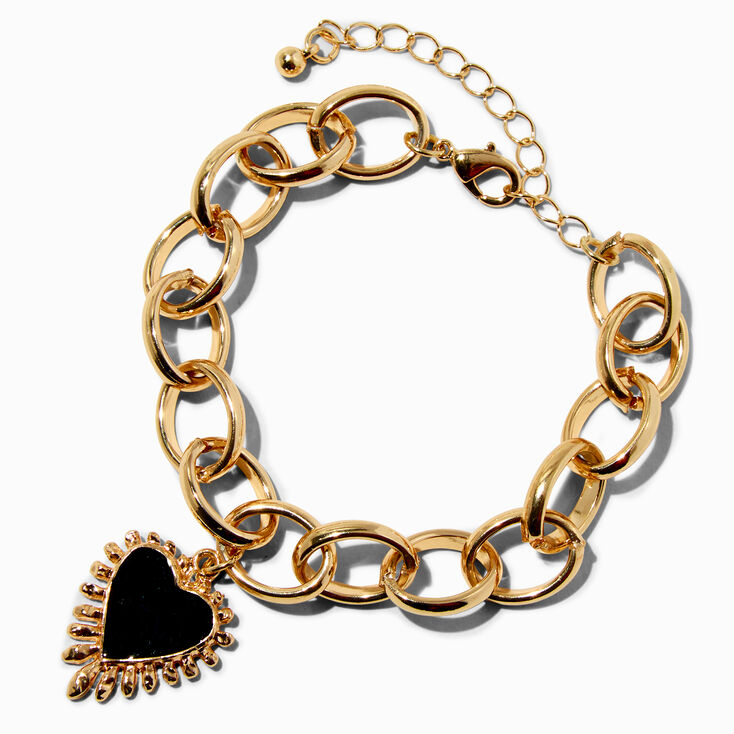 Black Enamel Heart Gold-tone Chain Bracelet ,