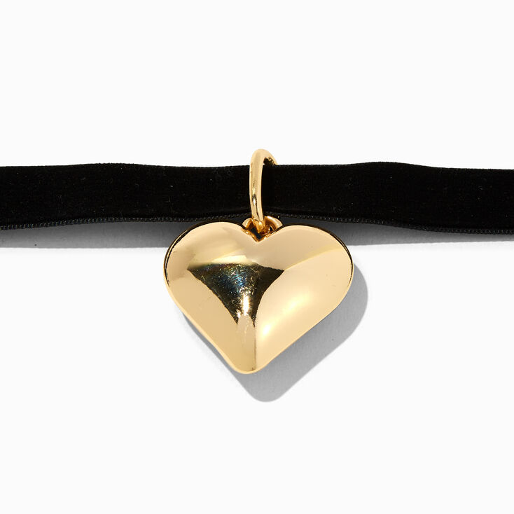 Gold-tone Puffy Heart Pendant Black Velvet Choker Necklace,