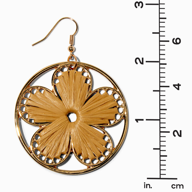 Gold-tone Raffia Flower Disc 3&quot; Drop Earrings,