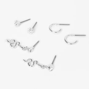 Silver Snake &amp; Hoop Stud Earring Stackables Set - 3 Pack,