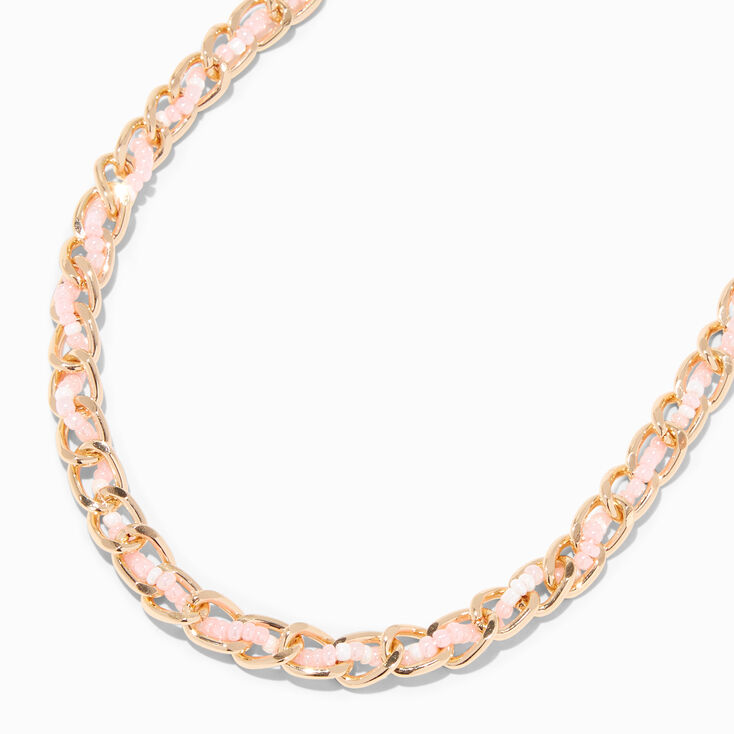 Pink Beaded Woven Gold Choker Necklace,