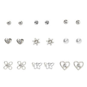 Silver Crystal Stud Earrings - 9 Pack,