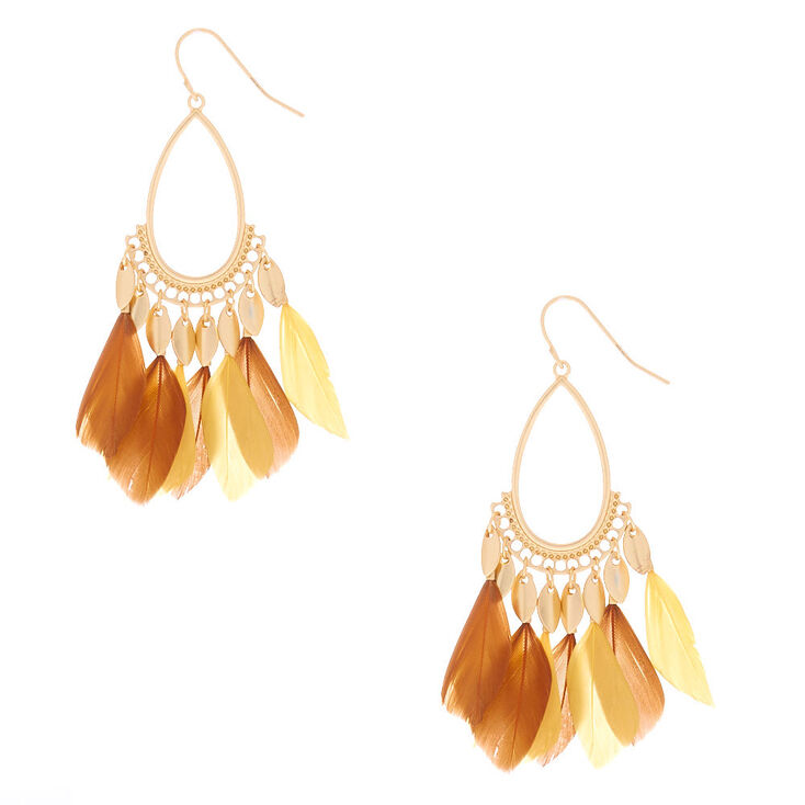 Gold 2" Feather Teardrop Drop Earrings - Yellow,