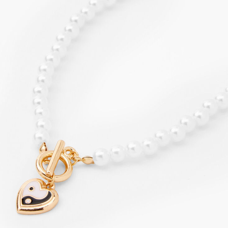 Gold Yin Yang Heart Toggle Clasp 14&quot; Pearl Necklace,