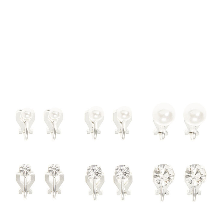 Silver Pearl & Crystal Graduated Clip On Stud Earrings - 6 Pack,