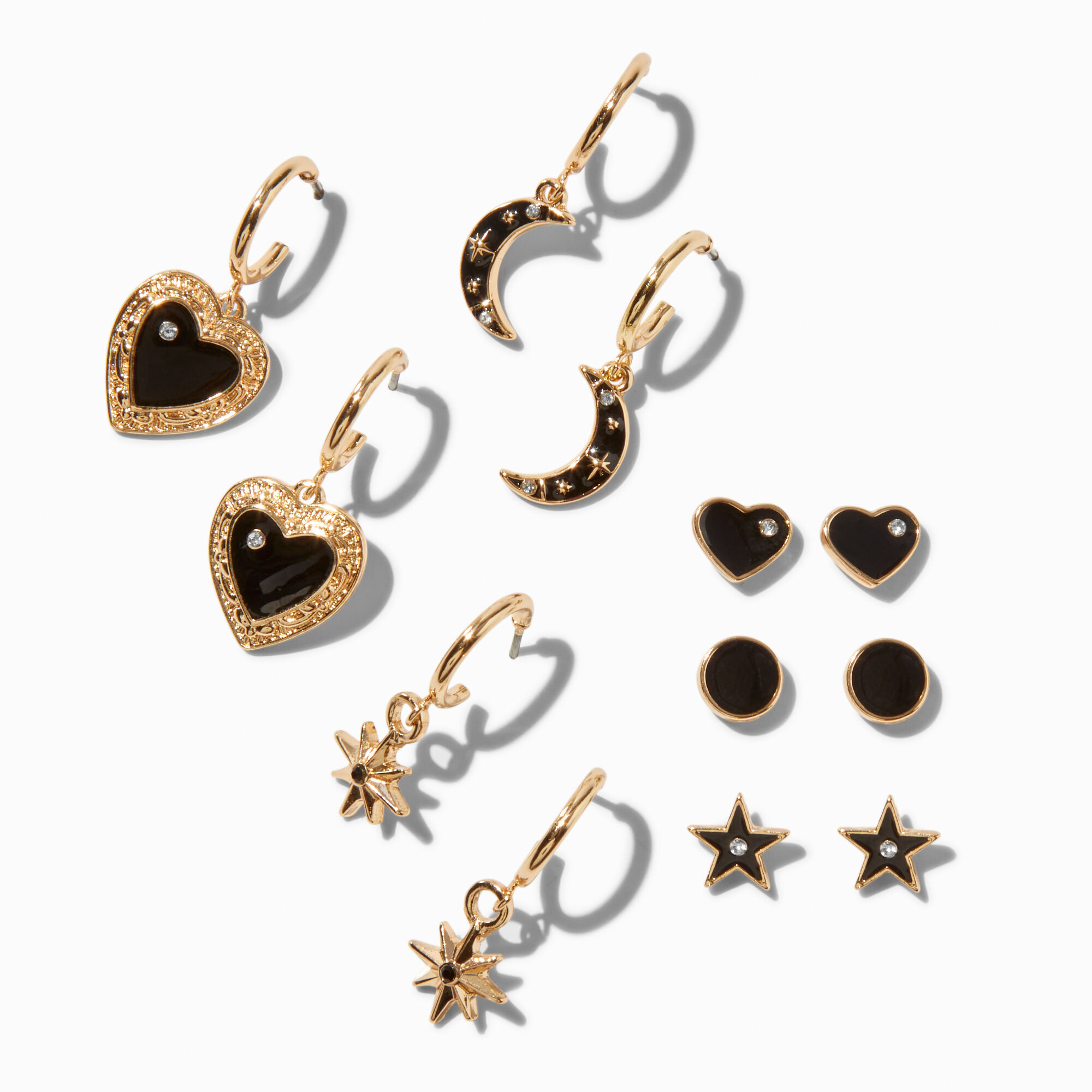 Black Enamel Gold tone Studs Hoops Earring Set 6 Pack Icing US