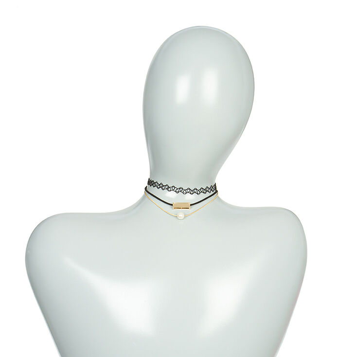 Layered Black Tattoo Choker, Gold Bar with Cord & Pearl Pendant Necklaces Set of 3,