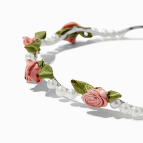 Silver-tone Blush Pink Rose &amp; Pearl Headband,